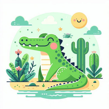 Cute crocodile in the desert. Vector illustration in flat styleのイラスト素材