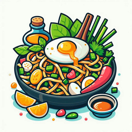 Noodles with egg and vegetables in a frying pan. Vector illustration.のイラスト素材