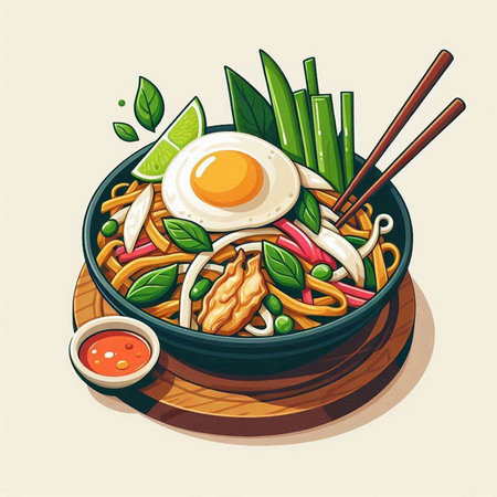 Bowl of noodle with fried egg and vegetables. Vector illustration.のイラスト素材