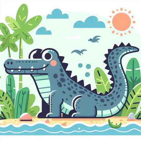 Cute crocodile on the beach. Vector illustration in flat styleのイラスト素材