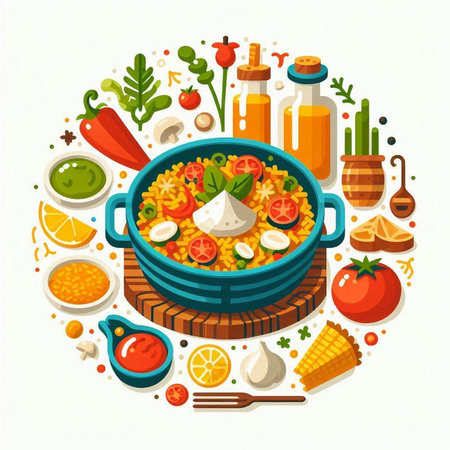 Illustration of a bowl of rice with vegetables, herbs and spices.のイラスト素材