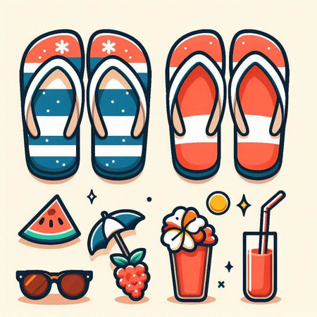 Summer flat icon set with flip flops, sunglasses, watermelon and cocktailのイラスト素材