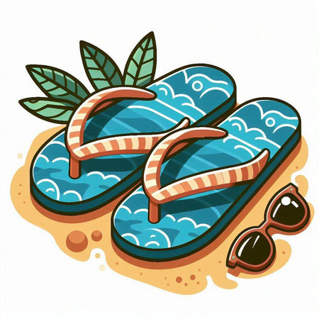 Illustration of flip flops on the beach. Vector illustration.のイラスト素材