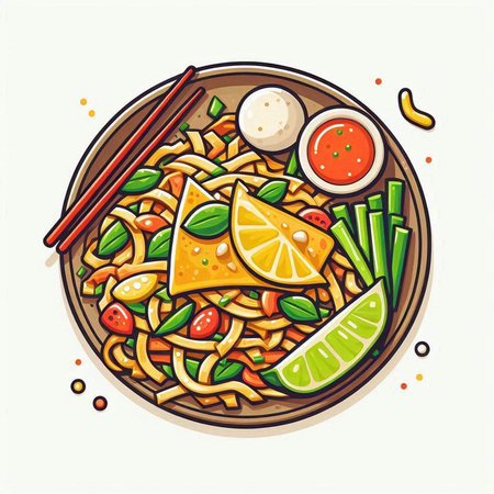 Noodles with vegetables in a bowl. Hand drawn vector illustration.のイラスト素材