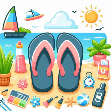 Vector illustration of a summer beach with flip flops and other itemsのイラスト素材