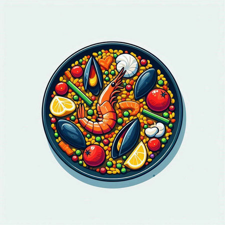 Colorful vector illustration of a dish of paella with seafood.のイラスト素材