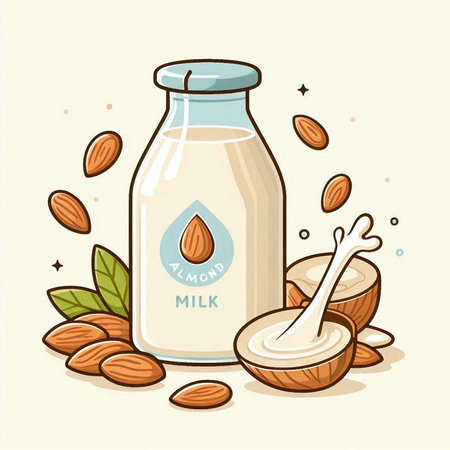 Almond milk in a glass bottle with almonds. Vector illustration.のイラスト素材