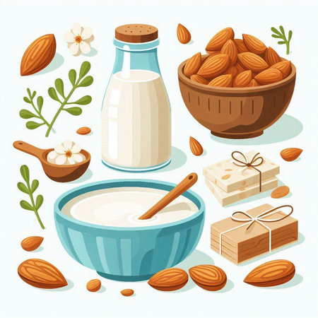 Almond milk in a glass jar with a spoon and a bowl with nuts. Vector illustration.のイラスト素材