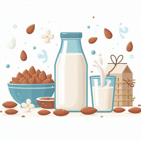 Milk in a glass bottle and a bowl with almonds. Vector illustration.のイラスト素材
