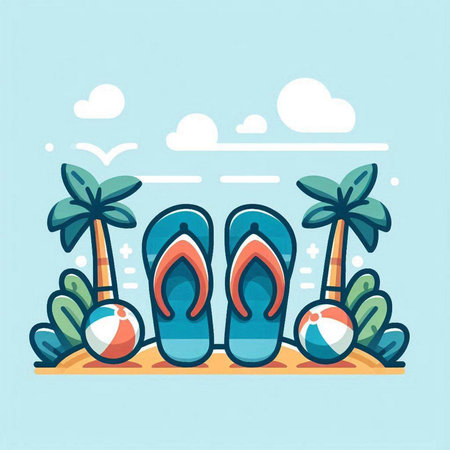 Flip flops and palm trees on the beach. Vector illustrationのイラスト素材