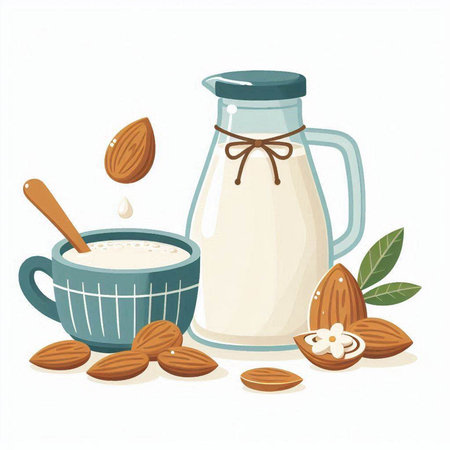 Almond milk in a glass jug and a bowl with almonds. Vector illustration.のイラスト素材