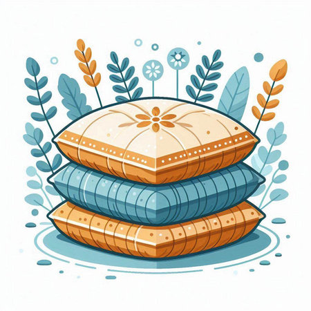 Vector illustration of a stack of pillows with leaves and flowers.のイラスト素材
