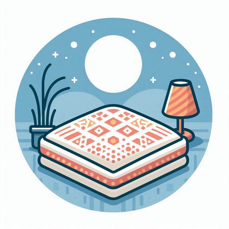 Vector illustration of a bed with pillows and a lamp on a blue backgroundのイラスト素材