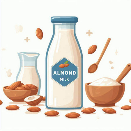 Almond milk in a glass bottle with a spoon and a bowl of almond nuts. Vector illustration.のイラスト素材