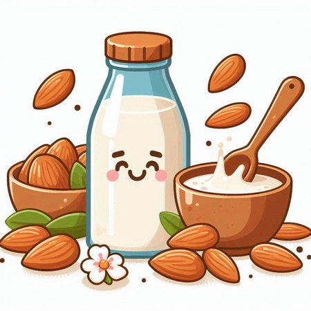 Illustration of a Bottle of Almond Milk with Almond Nutsのイラスト素材