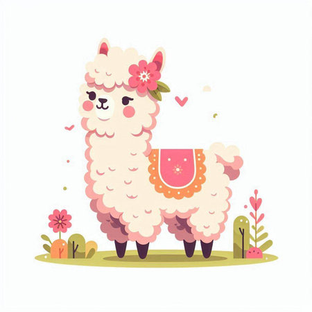 Cute llama with flowers. Vector illustration in cartoon style.のイラスト素材