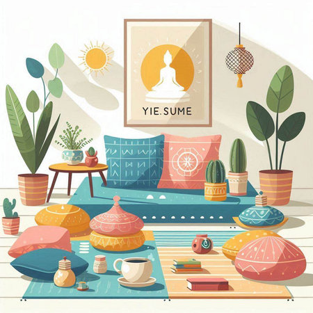 Vector illustration of cozy living room interior with sofa, pillows, cushions, flowers and plants.のイラスト素材