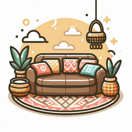 Vector illustration of a cozy living room with a sofa, pillows and a basketのイラスト素材