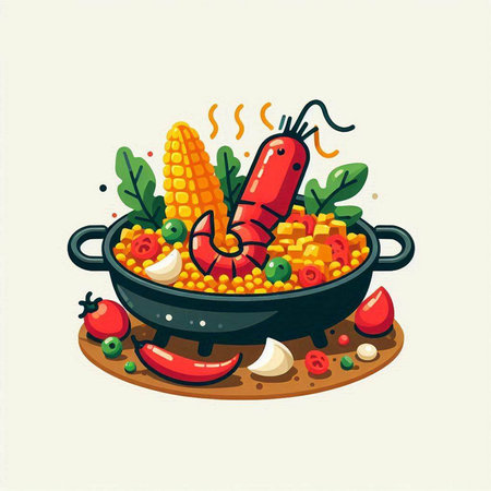 Illustration of a cooking pot with corn, tomato and pepper.のイラスト素材