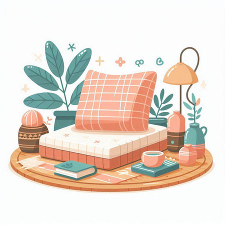 Sofa with cushions and books. Vector illustration in cartoon style.のイラスト素材