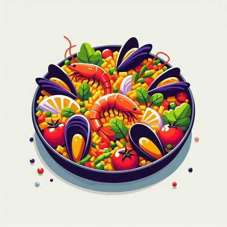 Seafood salad in a frying pan. Cartoon vector illustration.のイラスト素材