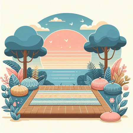 Vector illustration of a picnic in the park with a beautiful landscape.のイラスト素材