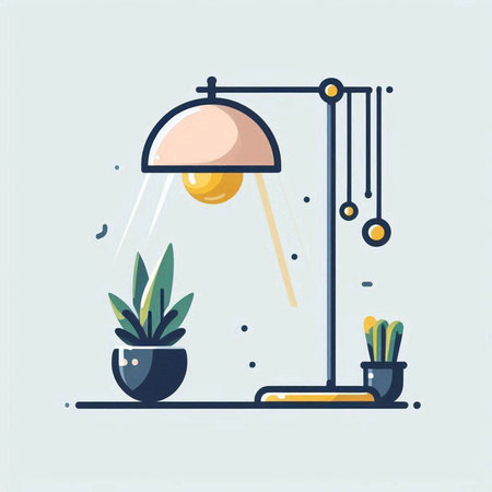 Flat design modern vector illustration concept of home office workspace with desk lamp, potted plant and cactus in pot.のイラスト素材