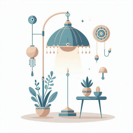 Vector illustration in trendy flat style. Decorative lamps, potted plants, lanterns, table and chair.のイラスト素材