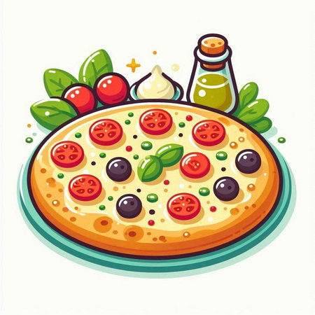 Pizza with tomato, olives and mozzarella. Vector illustration.のイラスト素材