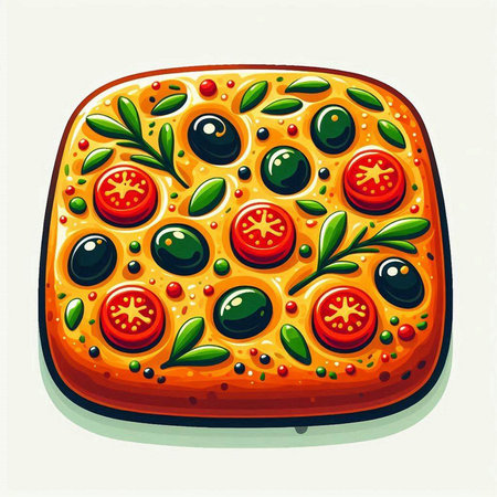 Vector illustration of pizza with tomato and olives in cartoon style.のイラスト素材