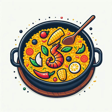 Seafood paella in a frying pan. Vector illustration.のイラスト素材