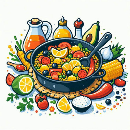 Vector illustration of a pan with vegetables, olive oil and spices.のイラスト素材