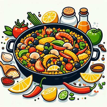 Vegetable paella in a frying pan. Vector illustration.のイラスト素材