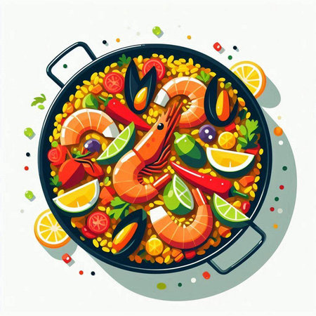 Seafood paella in a frying pan. Vector illustration.のイラスト素材