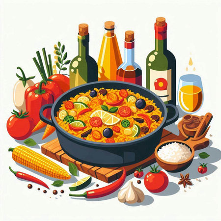 Vector illustration of traditional spanish paella with ingredients and wine.のイラスト素材