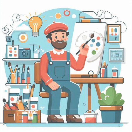 Vector illustration of artist working in his studio. Flat style design.のイラスト素材