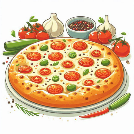 Pizza with vegetables and spices on a white background. Vector illustrationのイラスト素材