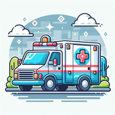 Ambulance car on the road. Vector illustration. Flat style.のイラスト素材