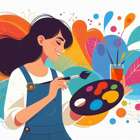 Vector illustration of a girl painter with a palette of paints and brushesのイラスト素材