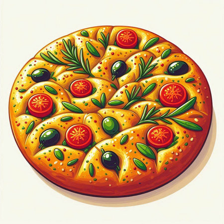 Illustration of a pizza with olives and tomatoes on a white backgroundのイラスト素材