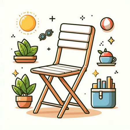 Illustration of a deck chair with different objects around. Vector illustration.のイラスト素材