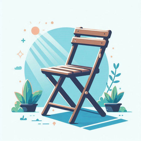 Wooden folding chair in the garden. Vector illustration in flat style.のイラスト素材