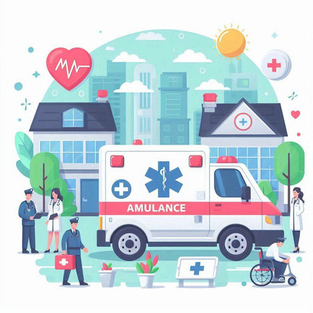 Ambulance and doctors on the background of the city. Vector illustrationのイラスト素材
