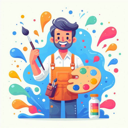 Painter man in apron with palette and paint brush vector illustrationのイラスト素材