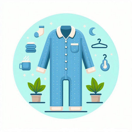 Blue pajama with clothes and accessories. Vector illustration in flat styleのイラスト素材