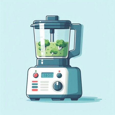 Illustration of a blender with a green smoothie on a blue backgroundのイラスト素材