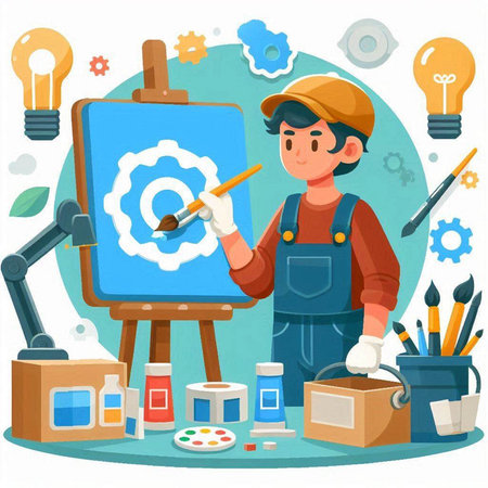 Painter man with brush and easel. Vector illustration in flat styleのイラスト素材