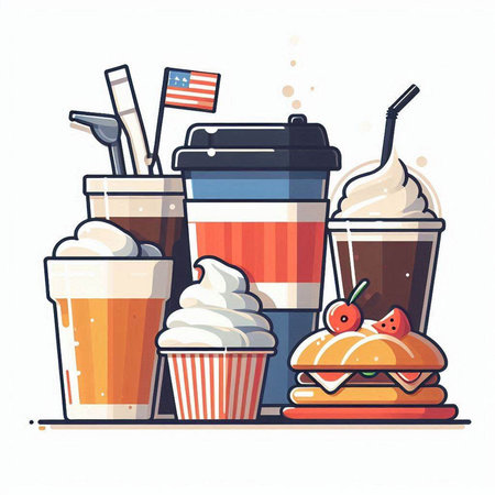 Fast food. Vector illustration in cartoon style. Set of fast food.のイラスト素材