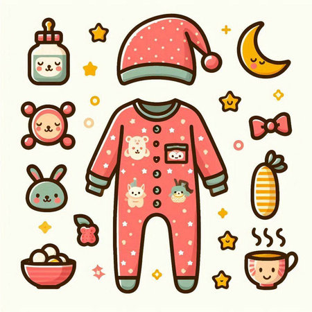 Set of cute baby clothes and accessories. Vector illustration in cartoon style.のイラスト素材