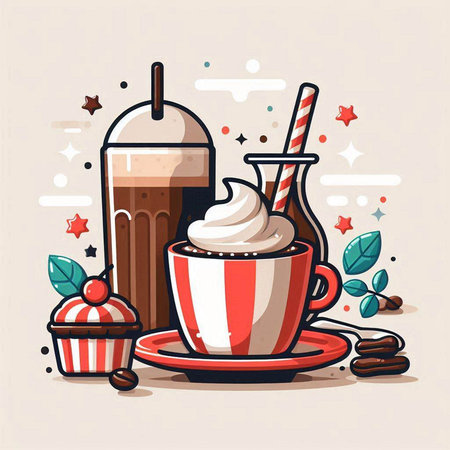 Coffee cup with whipped cream and cupcake. Vector illustration.のイラスト素材